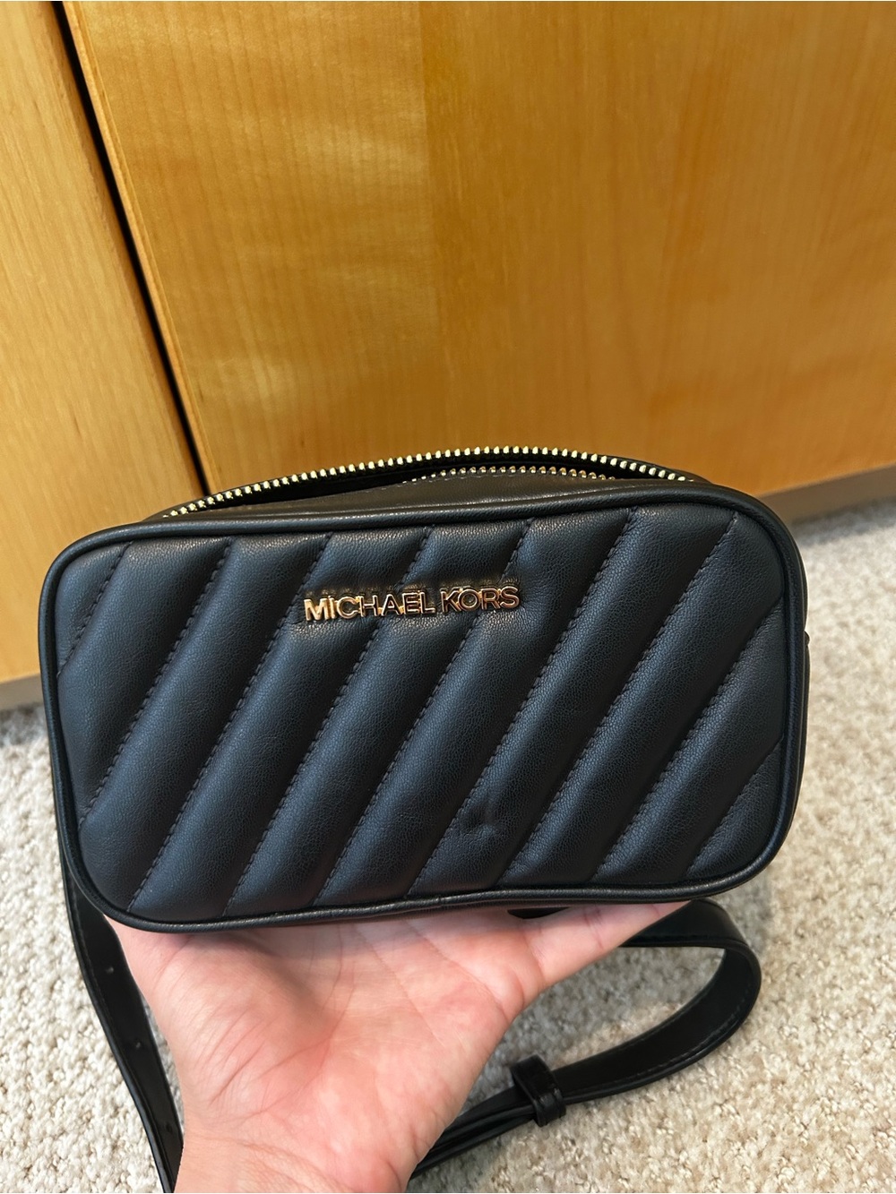 Michael Kors Black Quilted Leather Crossbody with Gold Logo